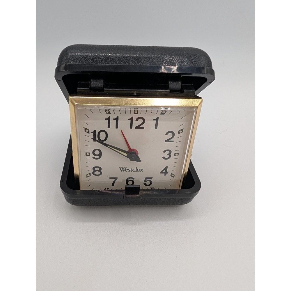 Vintage Westclox Mechanical Wind Up Travel Alarm Clock Black Clamshell Case